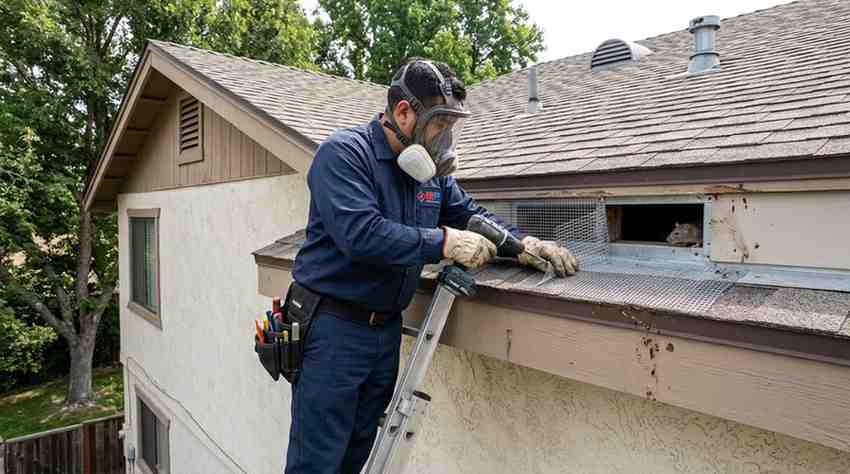 Exterminator is sealing vents and roof entry points using mesh and exclusion tools