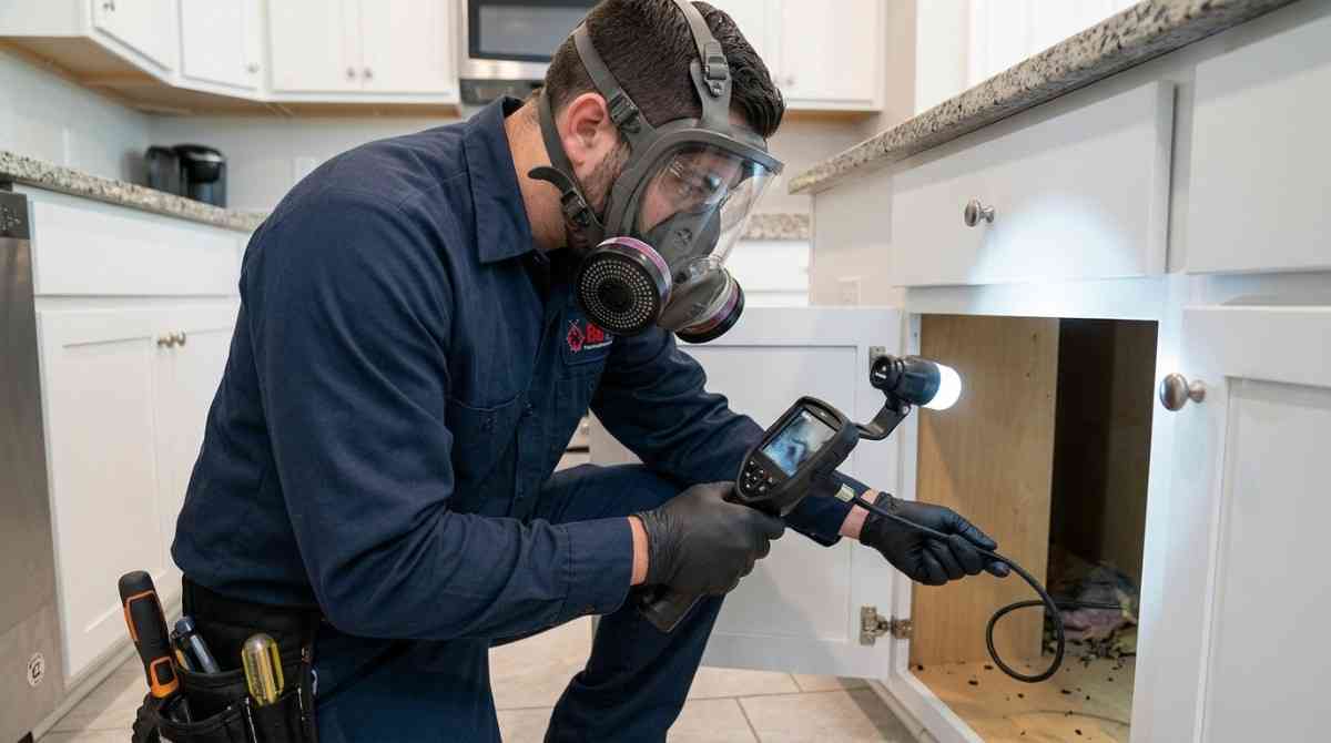 Exterminator is using inspection camera and flashlight inside wall gaps to detect mouse
